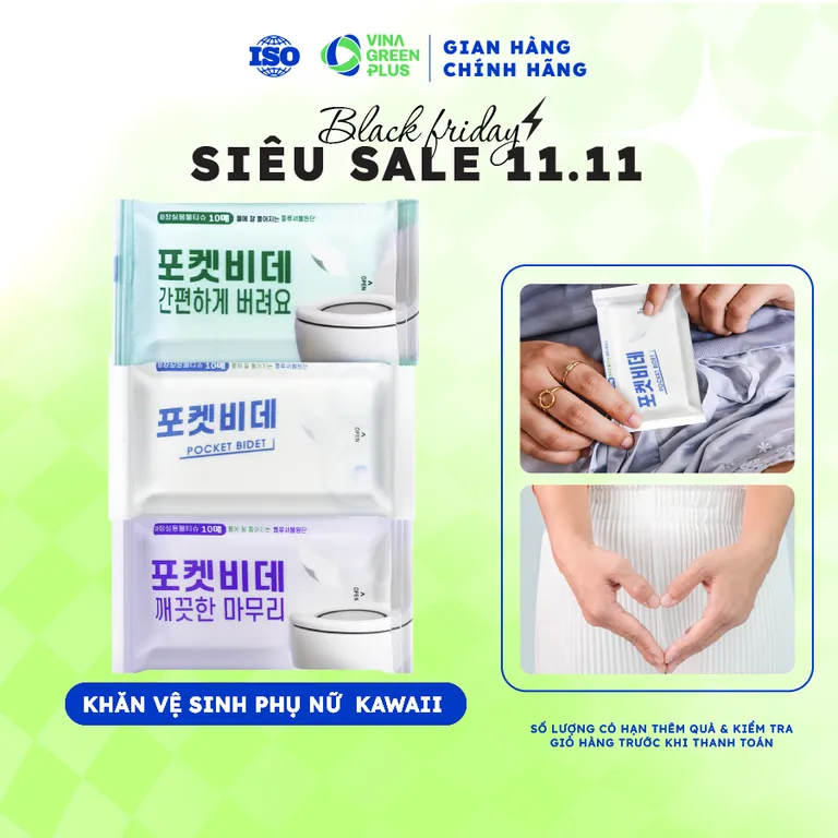 Khăn ướt vệ sinh phụ nữ Kawaii 1 gói 10 tờ vệ sinh vùng kín, an toàn cho da nhạy cảm
