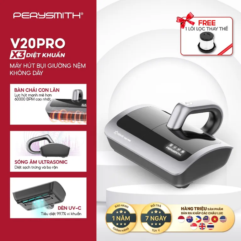 Máy Hút Bụi Giường Nệm PerySmith V20Pro, Không Dây, Gọn Nhẹ, Diệt Khuẩn, Hút Bụi Mịn, Có Đèn UV