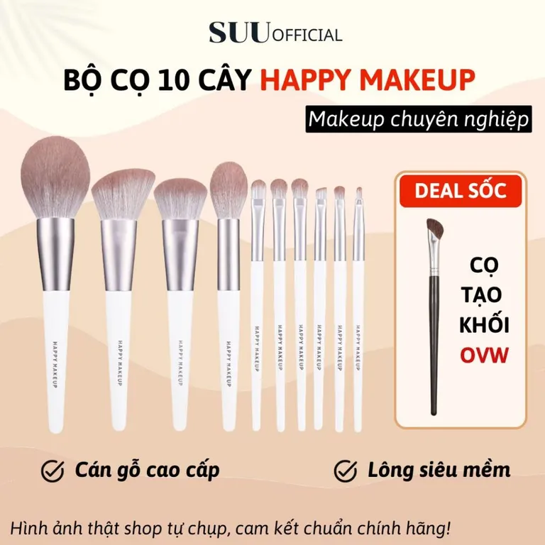 [CHUẨN HÃNG] Bộ Cọ Trang Điểm HAPPY MAKEUP 10 Cây Cao Cấp Bằng Lông Tự Nhiên Siêu Mềm Mại Make Up Cá Nhân Chuyên Nghiệp