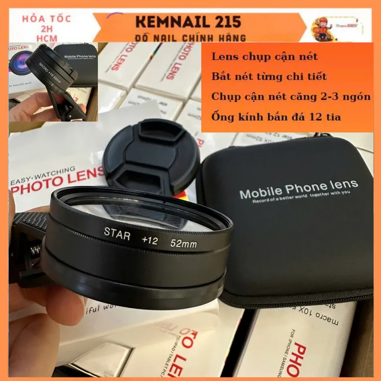 Lens mobile phone chụp ảnh Cận Nail Macro zoom10 rộng52mm Quay video đá ánh 12 tia kemnail215
