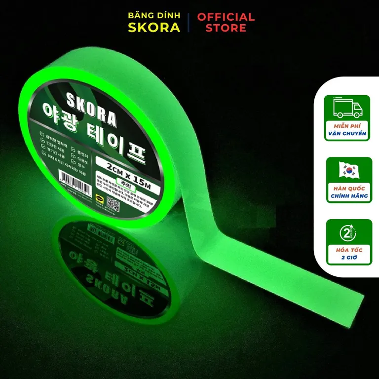 Băng keo dạ quang phát sáng SKORA thương hiệu Hàn Quốc băng dính dạ quang phát sáng trong đêm độ sáng cao lên đến 6 giờ