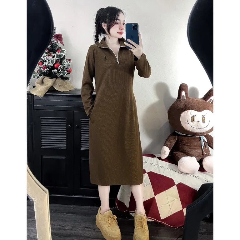 Váy Suông Nữ Bingshop Thu Đông DàiTay Cổ Khoá Thêu Ngựa Vải Thun Tăm Freeship