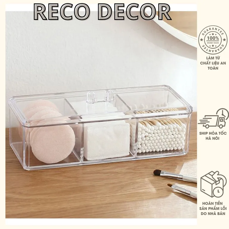 Hộp 3 Ngăn Có Nắp Bảo Quản Đồ Dụng Cụ Trang Điểm Decor Bàn Makeup RECO