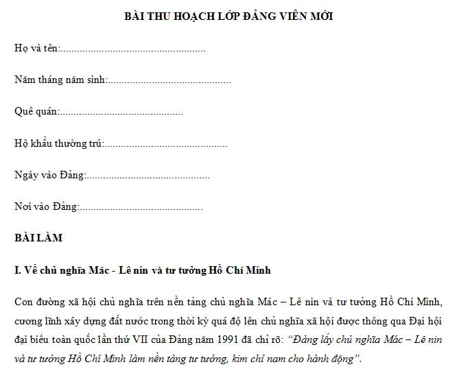 Mẫu bài thu hoạch lớp đảng viên mới chi tiết