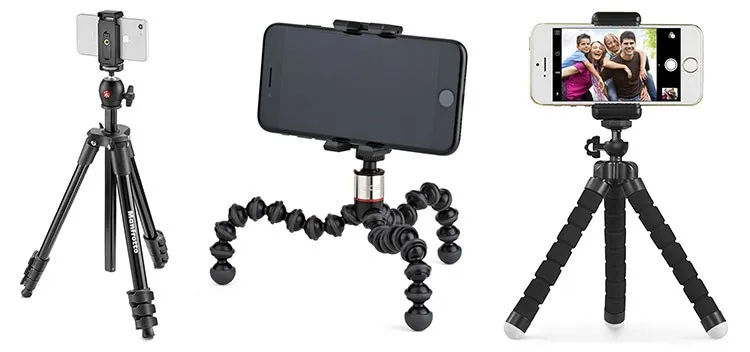 Một cô gái sử dụng tripod điện thoại để chụp ảnh selfie