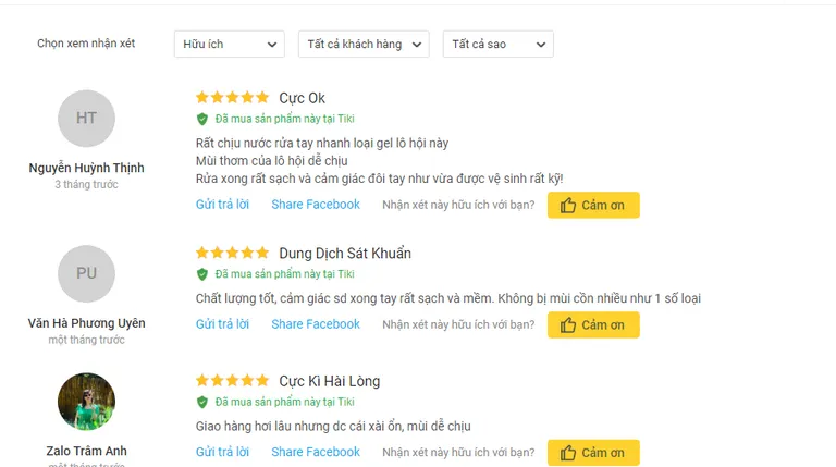 Phản hồi từ người tiêu dùng dùng Handgel Lô Hội