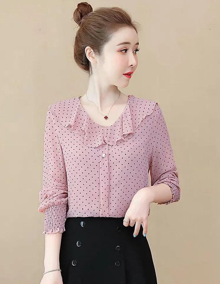 Áo sơ mi cổ tròn bèo họa tiết chấm bi