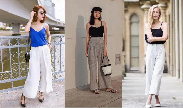 Phối quần ống rộng với áo hai dây và phụ kiện