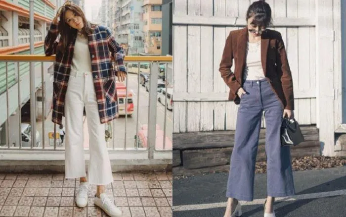 Phối quần ống rộng với blazer và phụ kiện