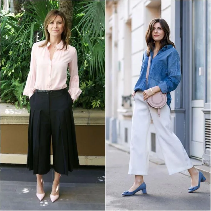 Phối quần ống rộng với áo sơ mi và phụ kiện